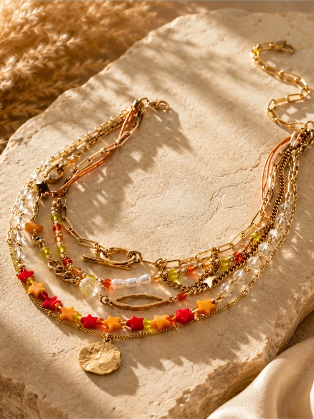 Free People Starry Layer Necklace Colorful Beaded Layered Celestial Charm NWT